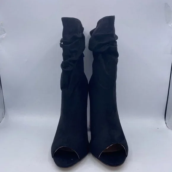 FSJ Black Stylish Peep Toe Slouch Chunky Stacked Heels Ankle Boots - Picture 3 of 13